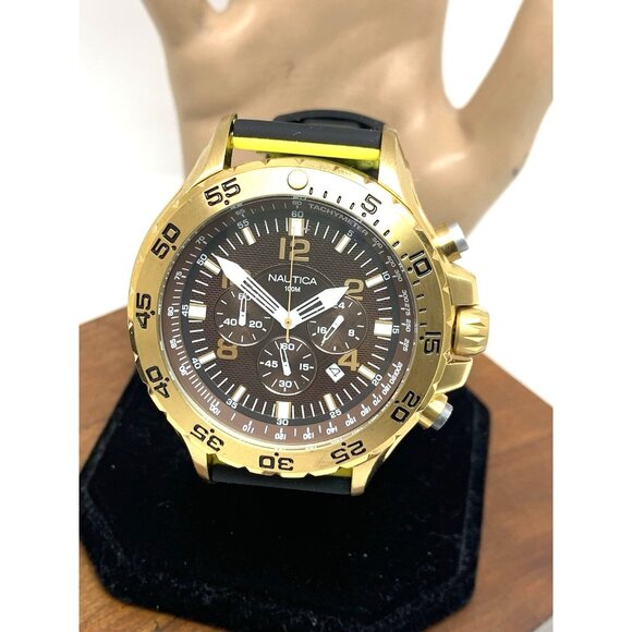 Nautica Men's Watch N18522G Quartz Brown Dial Black Yellow Rubber Band 48mm - Picture 1 of 14